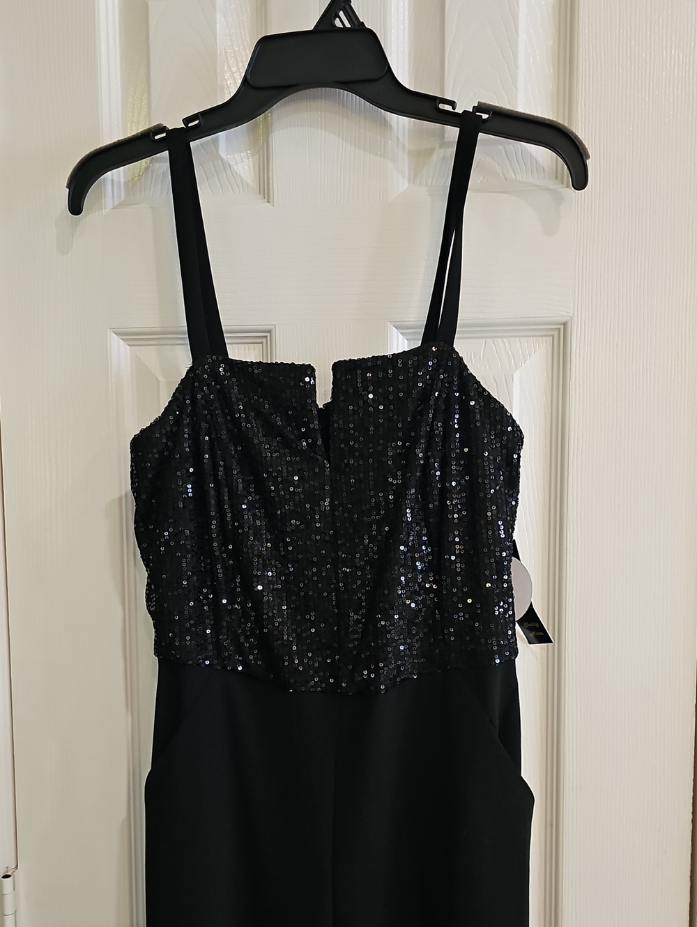 NWT Shelby Nites Black Sequin Bodice Wide Leg Pockets Jumpsuit Formal Size 10